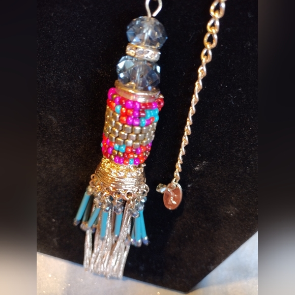 JULES Multicolored seed beads teal pink purple gold tassel Dangle 30" necklace - Picture 7 of 8